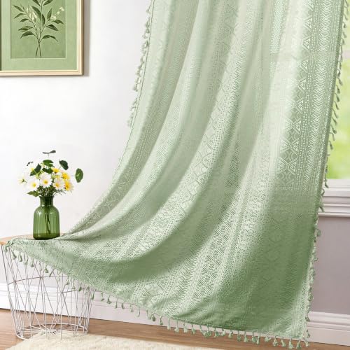 Ronaldecor Green Boho Sheer Lace Window Curtains with Tassel, 40" Wx95 Lx2