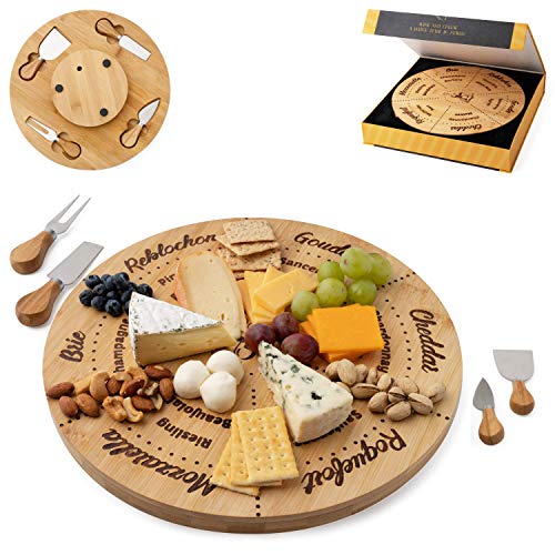 Permaggio Wine Pairing Cheese Board and Knife Set: Swivel Round Serving Tray