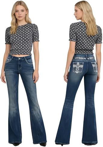 Flared Jeans for Women High Waisted Embroidered Denim Trousers Y2K Style Bootcut Pants Vintage Retro Bell Bottom UK Sizes 8-18 S-XXL