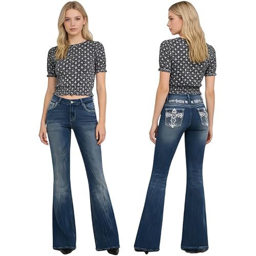 Image of Runstarshow Flared Jeans for Women High Waisted Embroidered Denim Trousers Y2K Style Bootcut Pants Vintage Retro Bell Bottom UK Sizes 8-18 (S-XXL) Blue