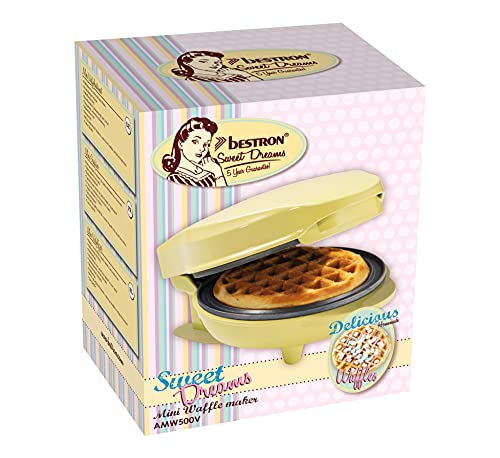 Foto von Bestron Mini-Waffeleisen für klassische Waffeln, kleiner Waffelmaker mit Antihaftbeschichtung, für Kindergeburtstage, Familienfeiern, Ostern oder Weihnachten, Retro Design, 550 Watt, Farbe: Gelb