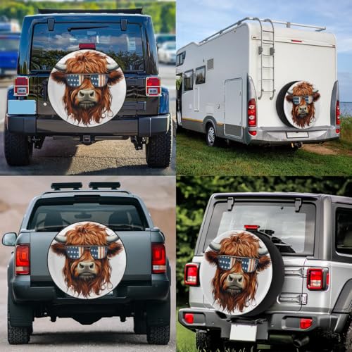 Image of Spare Tire Cover for RV Trailer, Highland Cow American Tire Covers Universal Fit for Travel Trailer Camper Jeep RV SUV Truck Waterproof Wheel Cover (14 inch for Diameter 25 inch - 27 inch),A-885