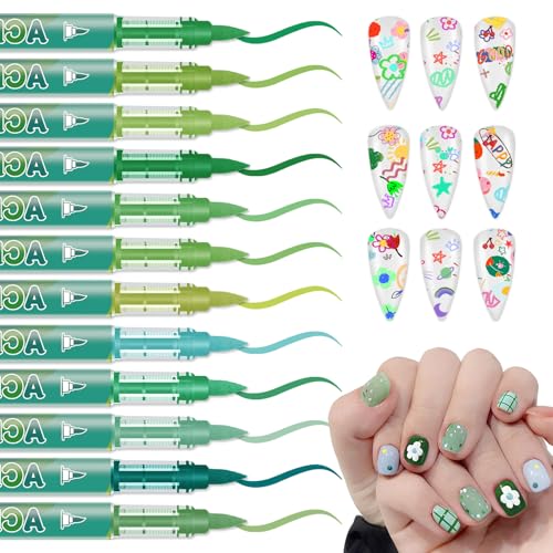 Image of IONSGAKO 12 Colors Nail Art Pens Set, Nail Polish Pens Quick Dry, Green | 3D Acrylic Paint Nail Art Markers for Nails Drawing Painting Dotting Liner, Home DIY Nail Art Design Kit Manicure Tools
