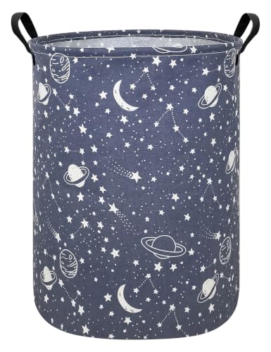 Image of Foldable Waterproof Round Fabric Laundry Basket Home, Blue Starry Sky | Large Capacity, For Apparel Textiles, Plush Goods Storage, Whole House Tidying