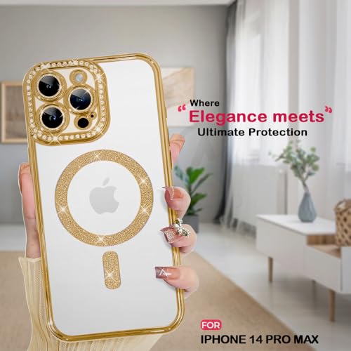 Image of AESTMO Back Cover for iPhone 14 Pro Max Compatible with MagSafe | Diamond Glitter Case | Luxury Bling Rhinestone Soft Clear TPU Bumper | Camera Lens Protection Cover for iPhone 14 Pro Max (Gold)