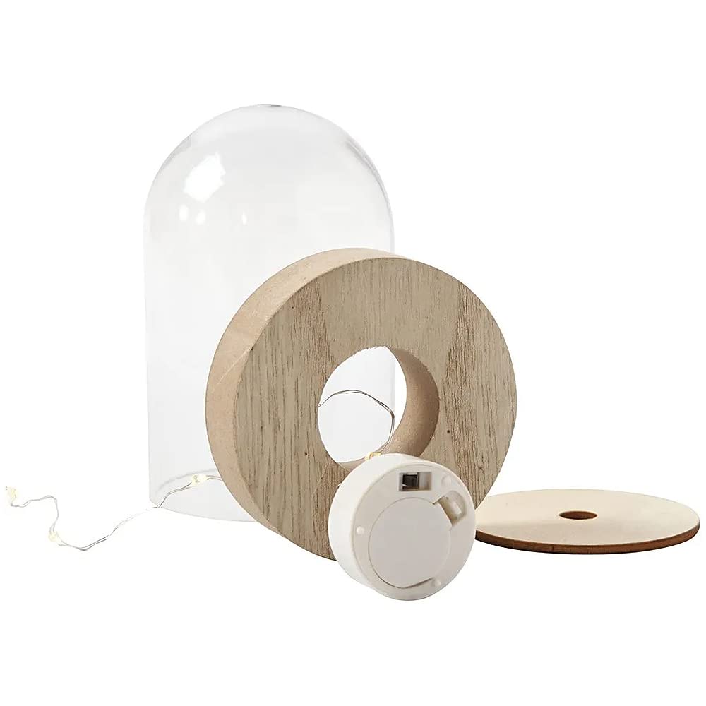 Crafty Capers 18cm Tall Plastic Bell Jar Cloche on Wooden Stand with LED Fairy Lights