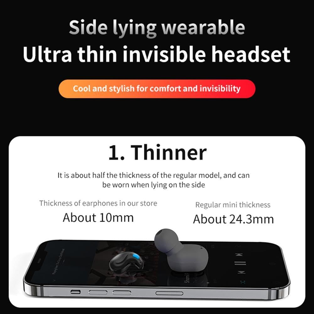 Écouteurs Bluetooth invisibles sans fil, ultra petits, antibruit, pour dormir sur le côté, lecture 24 heures avec affichage LED (noir)