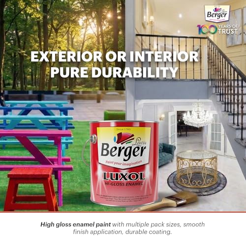Image of BERGER Luxol Hi-Gloss Enamel Paint | Oil-Based | Mirror Like Durable Weather Resistant High Gloss Finish | for Interior & Exterior Wall Wood Metal Surfaces | Green Pro Certified(4L, Phiroza Blue)
