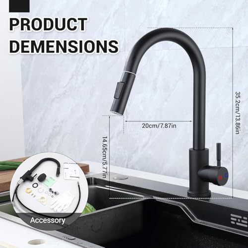 JOTOL Wasserhahn Küche Schwarz,Küchenarmatur Ausziehbar,Ausziehbar Armatur,Wasserhahn Küche 360° Schwenkbar,Herausnehmbarer Schaumstoffkern,Zwei Wasserstrahlarten,für Boiler oder Untertischgeräte