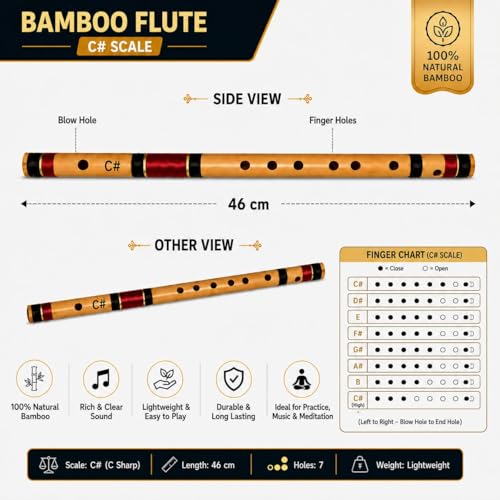 Image of Kaiden Flute | C# Bamboo Flute | Basuri in C# | 100% Natural Bamboo, 35 cm | 7 Holes, Ideal for Practice | Best For Beginner and Professional | Premium Bamboo Bansuri Flute in C# | 46 cm, Lightweight