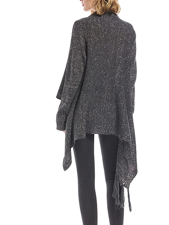 Image of Women's Open Front Knited Tassels Slash Loose Cardigan Crew Neck Speckled Fringe Sweater Outwear
