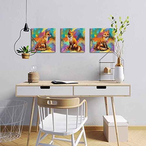 Ouelegent Colorful Fox Canvas Wall Art Fox Portrait Painting Abstract Wildlife Animal Pictures For Children's Bedroom Living Room Kitchen Wall Decor 12"X12"X3 Pcs (Small) #TOP1