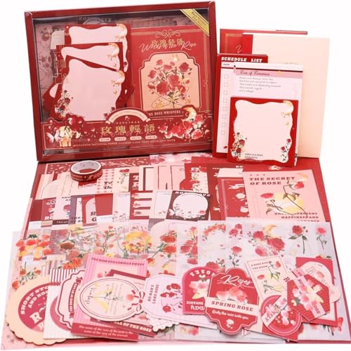 Image of VIBEVISTA Vintage Aesthetic Scrapbook Kit, 346 Pcs, A6 Grid Notebook, Washi , Envelopes, Scrapbook Papers, Folding Labels, Background Papers, Photo Frames, Calendar Stickers, Stickers (The Words of the Rose, Rose)