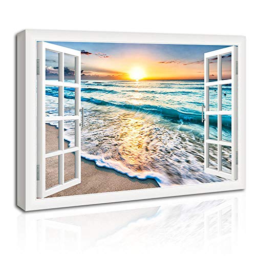 Wave Canvas Wall Art Sunset Ocean Nature Pictures Ready to Hang for Living Room Bedroom Home Decorations Modern Large Size Stretched Seascape Giclee Artwork Ready to Hang 30x40 Inch