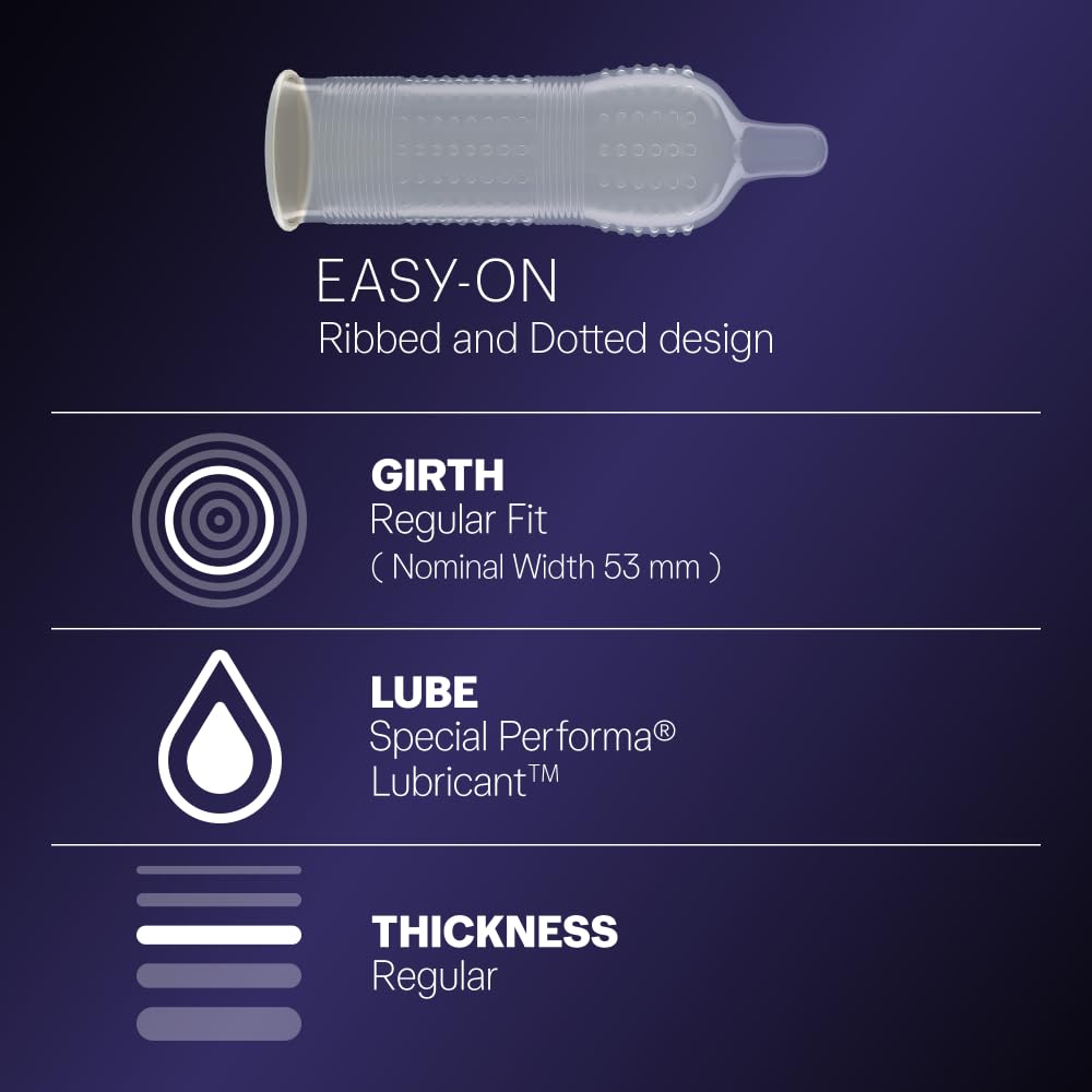 Durex Mutual Climax Condoms for Men & Women - 10 Count |Extra Dotted and Ribbed for Pleasure | Performa Lubricant for Long Lasting Climax Delay|Suitable for use with lubes & toys 1