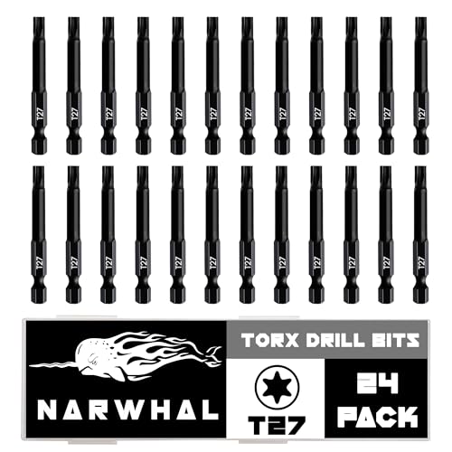 T27 Torx Bits (24 Pack - 2 Inch Impact Grade) 6 Point Torx Star Bit with Hex Shank - Hardened CRM Steel Alloy - Case Included