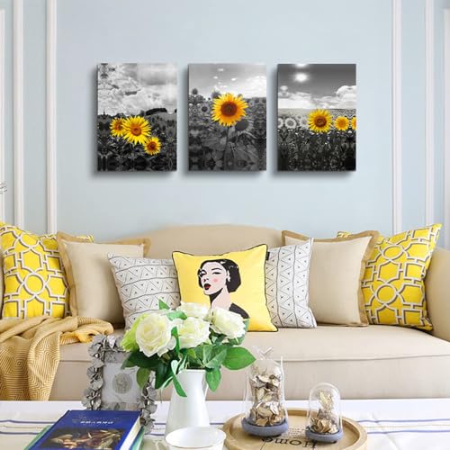 DZRWUBHS Canvas Wall Art - Large Wall Decor For Living Room, Bedroom, Kitchen, Bathroom - Black And White Sunflower Flowers Wall Painting - 3 Panel