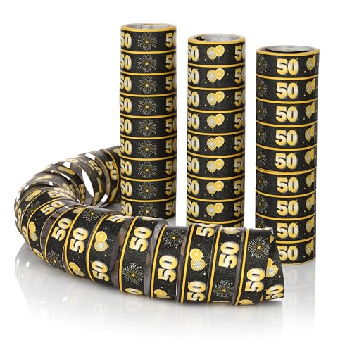 FunX Luftschlangen 50. Geburtstag 3er Pack - Gold Schwarze Party Deko und Tischdeko für Mann oder Frau - Ideal für den Geburtstagstisch