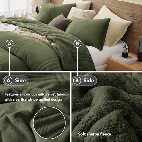 Monbix Fluffy King Comforter Set – 3 Piece Cozy Sherpa Comforter King Size Olive Green, Winter Warm Fleece Bedding Set thumb #2
