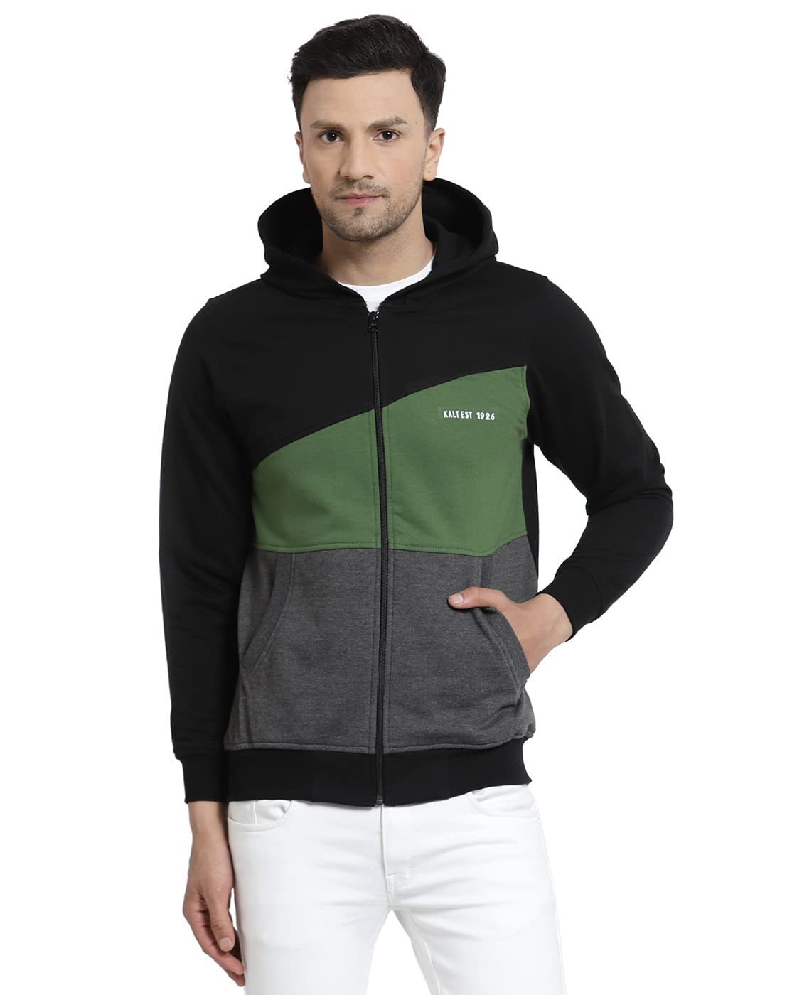 kalt Men Full Sleeves Zipper Fleece Colour Block Hoodie-picture-43