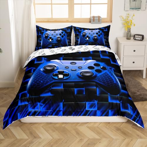 Honeycomb Gamepad Kids Duvet Cover Set Queen Size,Geometric Square Checkered Grid Plaid Bedding Set,Boys Men Room Decor,Modern Gamers Reversible Comforter Cover,Blue Black Quilt Cover,2 Pillowcases