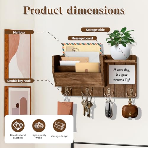 Wall Mounted Mail With message board and Holder Holder Wooden Key, With 4 Double Hook And a storage board, Key holder for wall, Country retro home decor, For living room and foyer storage(Wood brown) - Image 6
