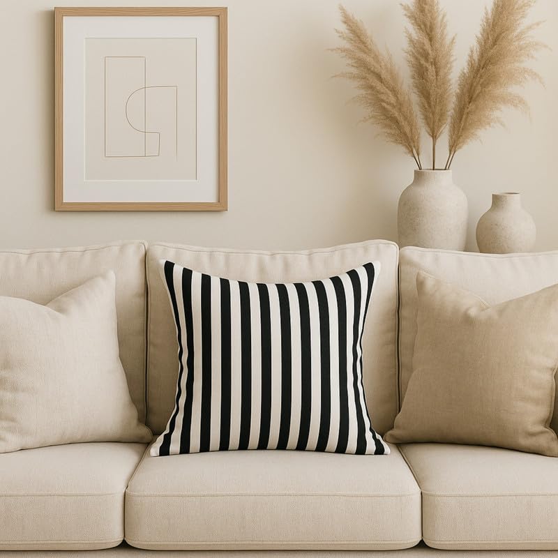 Image of WWW.THROWPILLOW.IN Black and White Striped Cushion Cover, Premium Decor Fabric, Smooth Black and White Pattern, Modern Cushion, Minimalist Sofa Accent Pillowcase Square Sofa Cushion 16x16 Inches