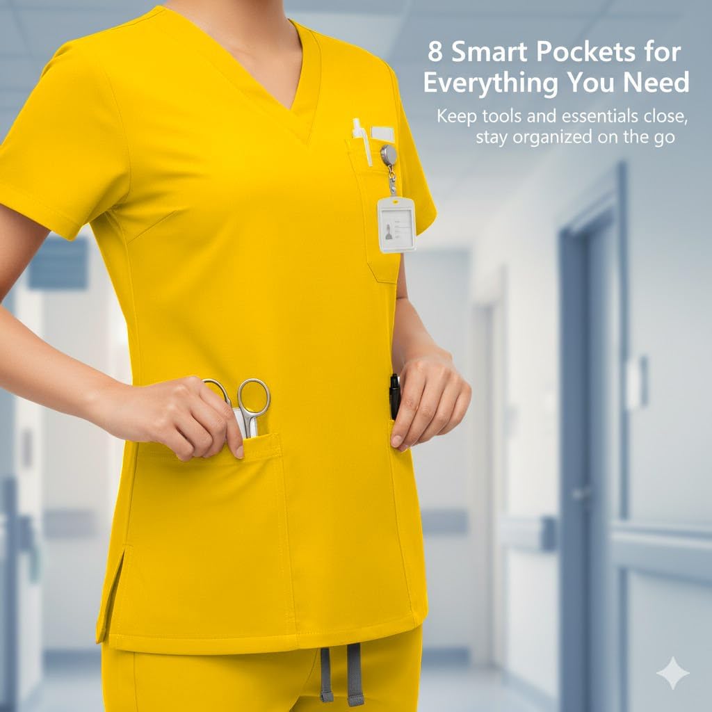 VIAOLI Scrubs for Women V-neck Scrub Set with 8 Pocket Yoga Waistband Jogger Pants - Womens Scrub Nurse Uniforms (Yellow,S), Small