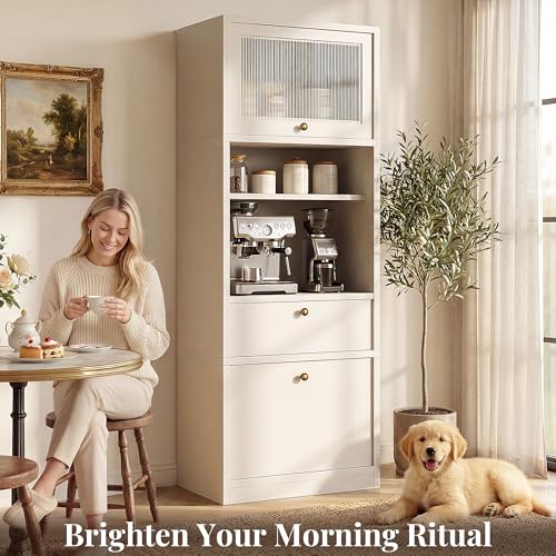 Image of 71 inch Tall Pantry Cabinet with Microwave Shelf & Coffee Station White | Extra Deep Storage Hutch,Adjustable Shelves,Hydraulic Lift Door,Cable Management,Drawer,Anti-Tip,Freestanding,Kitchen Storage