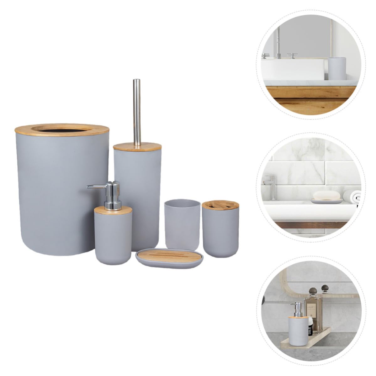 SOIMISS Conjunto de Accesorios de Baño Soporte para Cepillo de Dientes de Bambú y Plástico, Incluye Dispensador de Jabón Vaso para Enjuague Bucal, Diseño Elegante y Fácil de Transportar