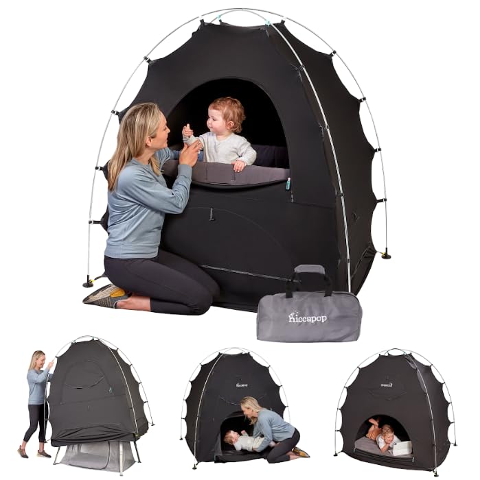 Hiccapop Daydreamer Blackout Tent for Pack and Play, Patented Portable Crib Tent, Blackout Canopy Crib Cover, Sleep Pod for Kids, Black