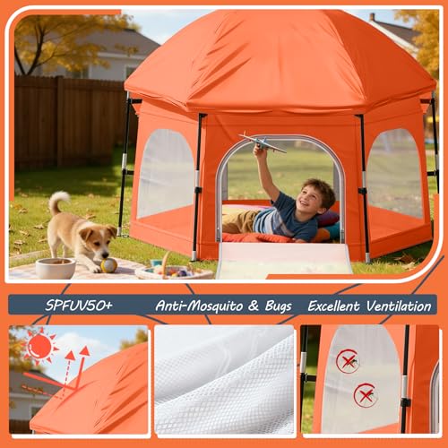 Image of Baby Playpen with Canopy, Portable Outdoor & Indoor Baby Beach Tent for Babies and Toddlers, Foldable Play Yard with Mosquito Net, Travel Play Yard Includes Sand Stakes & Carry Bag