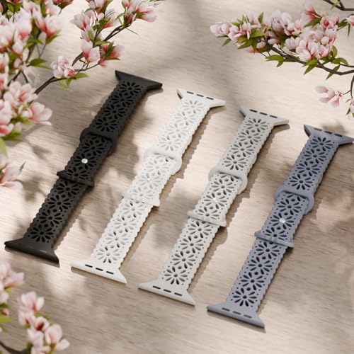 Image of 4 Pack Slim Lace Silicone Bands Compatible for Apple Watch 38mm 40mm 41mm 42mm 44mm 45mm 46mm 49mm, Thin Hollow-out Floral Breathable Strap for iWatch Series 11 /10 /9 /8 /7 /6 /5 /4 /3 /2 /1Ultra SE Women Men