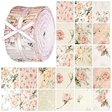 Ganeen 100 Pcs Valentines Pink Rose Quilting Fabric Roll 2.56 Inch Vintage Rose Fabric Squares Jelly Retro Floral Patchwork Precut Strips Bundles for Valentine's Day Materials Craft DIY Sewing Cloths