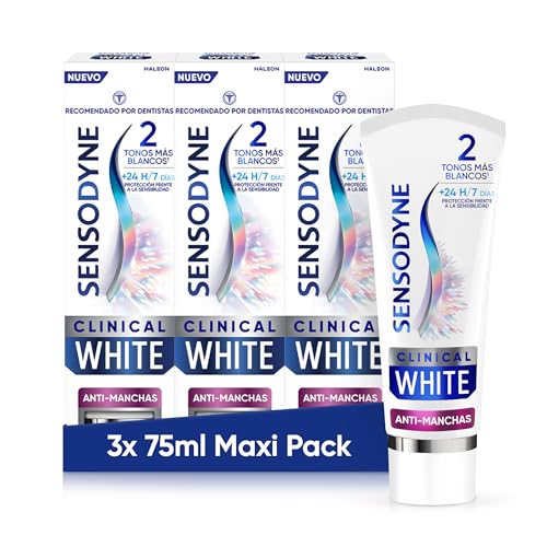 Sensodyne Clinical White Antimacchia, dentifricio sbiancante Sensodyne, aroma di menta, protezione contro la sensibilità, confezione da 3 x 75 ml
