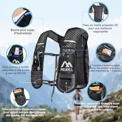 Laufweste mit 1 Liter Trinkblase für Damen Herren, Leichter und Atmungsaktiver Laufrucksack mit Reflektierenden Streifen und 9 Praktischen Taschen 5L, Verstellbare Schwarze Trinkweste