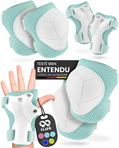 99FLIPS Protection Roller Enfant Genouillère inline skate - équipement de protection skateboard protecteurs enfants Genouillere, coudiere protecteurs set de protection FLASH en Vert Menthe taille S/M