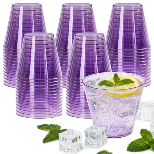 Brolifon 50 Pack Plastic Cups 9oz Transparent Purple Plastic Cups Fancy Disposable Cocktail Cup Stemless Wine Glasses for Party Wedding Thanksgiving Christmas Graduation