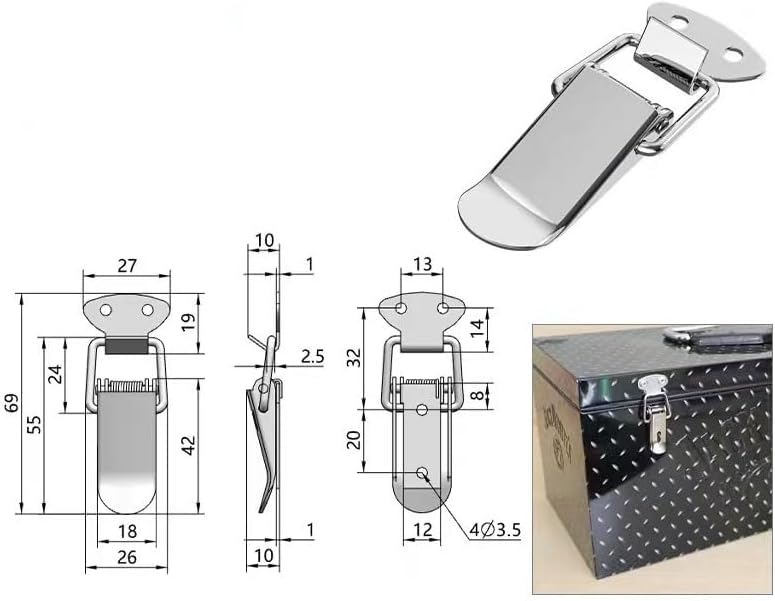 Spring-Loaded Stainless Steel Toggle Latch 2-Pack, with Hasp Lock & Duckbill Buckle for Box/Cabinet/Hardware(69mm)