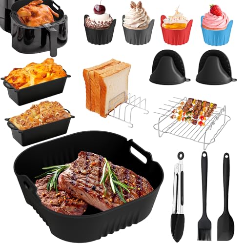 Accesorios Freidora de Aire para Philips 3000 XL 6.2L, 19 Piezas Recipientes Cuadrado Molde Silicona para Philips 5000 XL 7.2L Reutilizable con Silicona Mini Manoplas Horno, Rejilla para Tostadas