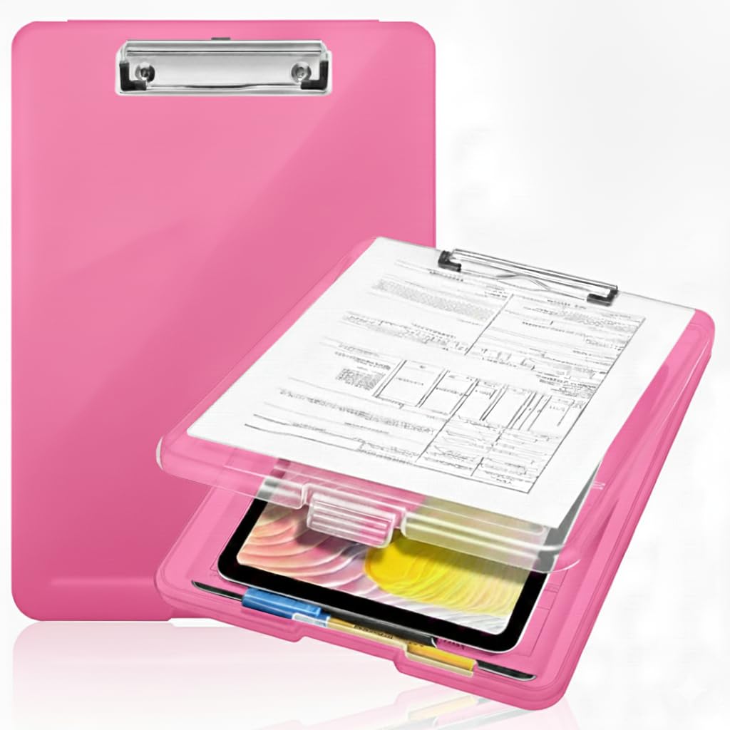 Yajnas Portablocco formato A4 con scatola portaoggetti, blocco per esami e lavagna pieghevole a 180°, in plastica resistente, con portapenne e spazio per documenti, per studenti, ufficio e campo (rosa