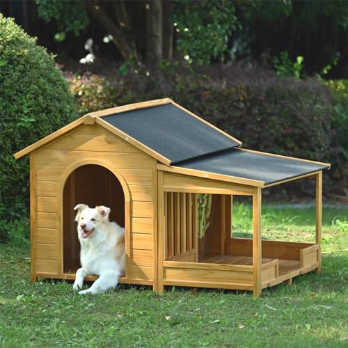 Merax 60.2" Wooden Dog House Outdoor, Extra Large Breed Outside Kennel with Weatherproof, Asphalt Roof, Elevated Floor, Fencing and Porch, for Medium & Large Dogs - Image 6