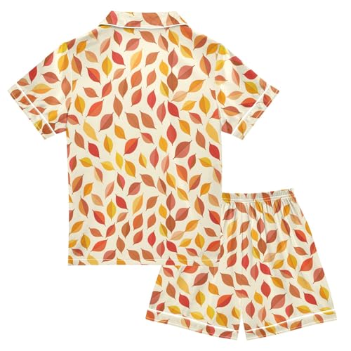 Simple Autumn Leaf Summer Satin Pajama Set, Cute Button-Down Sleepwear Pj Set for Sleep Wears2