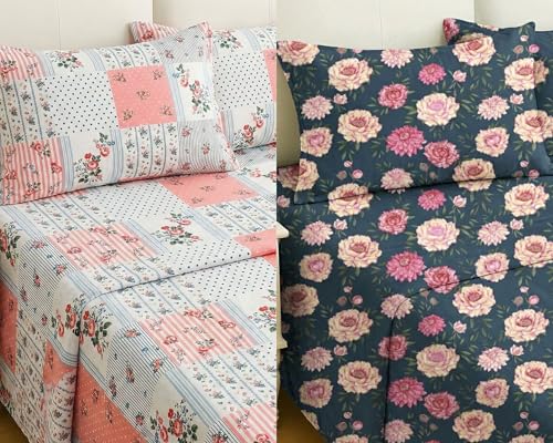 Image of VAS COLLECTIONS Cloud Cotton Double Bedsheet Combo Pack of 2 with 4 Pillow Covers, 210 TC Soft Breathable Cotton Double Bed Sheet Set, Floral Printed Bedsheet for Double Bed, 90 x 100 in (1, Multi A)