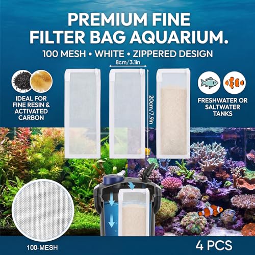 Image of Geiserailie 4 Pcs Aquarium Filter Media Bags 150 Micrometer Fine Filter Bags Mesh Reusable with Zipper for Activated Carbon Resins (3.1 x 7.9 Inch)