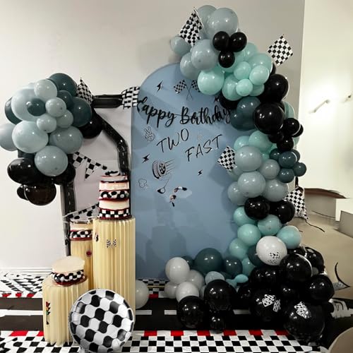 Image of Race Car Balloons Garland Arch Kit, Dusty Blue Balloons Green Black Balloon Pale Blue Metallic Silver Balloon Arch Kit with Checkered Foil Balloon for Car Fast Birthday Baby Shower Party Decorations