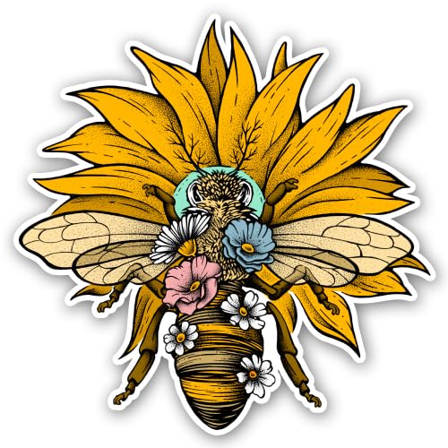 Vinyl Designs Honey Bee Decal Sticker for Car or Truck Windows Plus Laptops and Tumblers-Cute Bee Pollinating a Yellow Flower Sign Art Print, 3.8in x 3.8in, Small