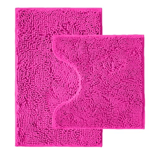Bathroom Rugs Sets 2 Piece Super Absorbent Chenille Bath Mats and U-Shaped Toilet Rug Strong PVC Non Slip Backing Microfiber Washable Dry Quickly Bath Mats for Bathroom(20x32+20x20U Hot Pink)