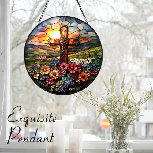 Zizzie Stained Glass Cross Suncatcher - 7.9" Real Glass Floral Mountain Sunrise Window Hanging, Weatherproof Christian Catholic Decor, Easter Memorial Sympathy Gift for Mom Women Pastor — view 5