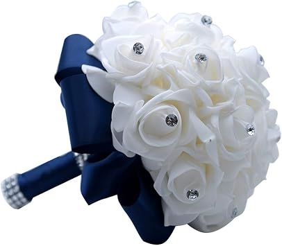 MOJUN Wedding Bouquets Crystal PE Roses Bridal Bridesmaid Wedding Hand Holding Bouquet Artificial Fake Flowers Toss Bouquet, Navy